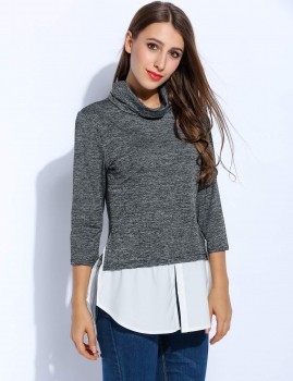 

Black Turtleneck 3"4 Sleeve Patchwork Slim Faux 2 Piece Blouse Set Tunics, Multicolor
