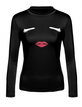 

Black Slim Stand Collar Long Sleeve Lip Print Pullover Casual Tops, Multicolor