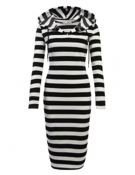 

Black white Hooded Long Sleeve Striped Bodycon Pencil Casual Dress, Multicolor