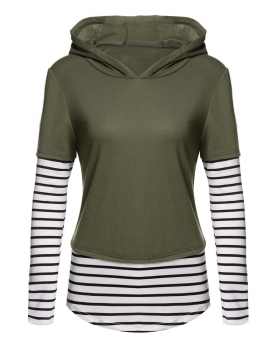 

Army green Hooded Long Sleeve Stripe Patchwork Pullover Hoodie, Multicolor