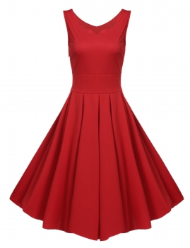

Red Sleeveless High Waist Solid Pleated Swing Casual Dress, Multicolor