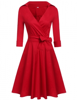 

Women Fashion Elegant Vintage Style Cross Front V-Neck 3"4 Sleeve Solid A-Line Swing Dress, Multicolor
