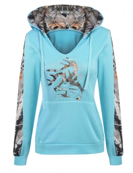 

Blue Christmas Long Sleeve Patchwork Hooded Pullover Hoodie, Multicolor