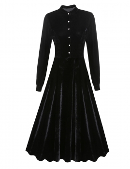 

Women Stand Collar Half Button Long Sleeve Solid Long Maxi Pleated Swing Dress, Multicolor