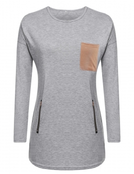 

O-Neck Front Pocket Zipper Patch Tunic, Multicolor