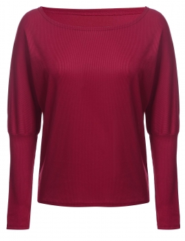 

Wine red Long Batwing Sleeve Boat Neck Solid Sweater, Multicolor