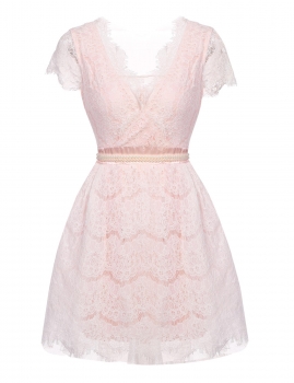 

Sexy Women V-Neck Cap Sleeve Crochet Lace Backless Cocktail Bubble Dress, Multicolor