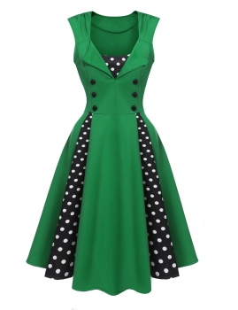 

Green 1950s Vintage Style Sleeveless Polka Dots Patchwork Casual Dress, Multicolor