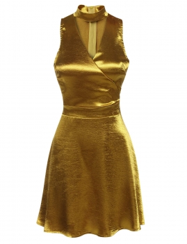 

Gold Halter V-Neck Sleeveless Slim Fit A-Line Skater Party Dress, Multicolor