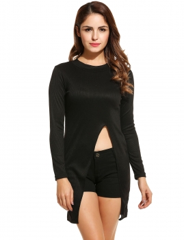 

Black O-Neck Long Sleeve Solid Split Long Sweater, Multicolor