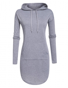 

Gray Long Sleeve Solid Pullover Hooded Mini Hoodie Casual Dress, Multicolor