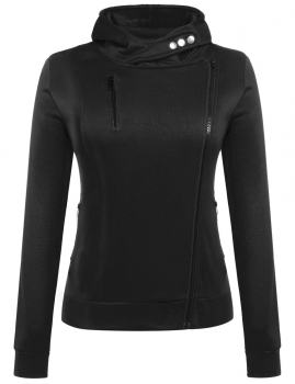

Black Oblique Zipper Long Sleeve Hooded Pocket Hoodie, Multicolor