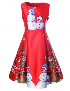 

Women Sleeveless High Waist Snowman Print A-Line Swing Short Dress, Multicolor