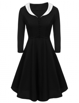 

Black New Women Peter Pan Collar Vintage Style Dot Tunic A-line Casual Dresses, Multicolor