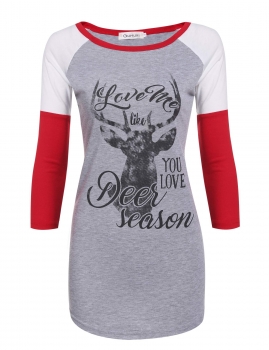 

O-Neck 3"4 Raglan Sleeve Animal Letter Print Patchwork Tunic, Multicolor