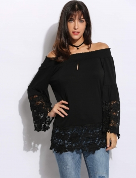 

Black Off the Shoulder Slash Neck Flare Sleeve Lace Patchwork Casual Tops, Multicolor