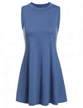 

Blue Women Fashion Round Neck Sleeveless Solid A-Line Swing Short Casual Dresses, Multicolor