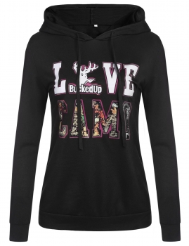

Black Letter Print Long Sleeve Hooded Drawstring Pullover Hoodie, Multicolor