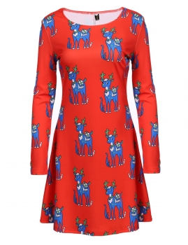 

Women Casual Long Sleeve Christmas Deer Print O Neck Pullover A-Line Dress, Multicolor