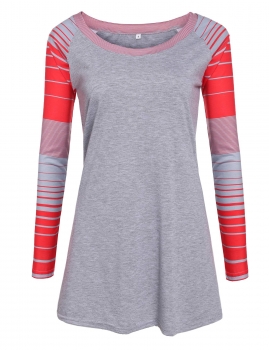 

Gray Patchwork Striped Sleeves Tunic, Multicolor