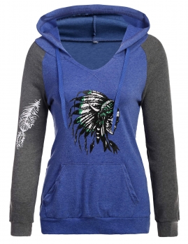 

Blue V-Neck Raglan Long Sleeve Print Patchwork Drawstring Hooded Hoodie, Multicolor