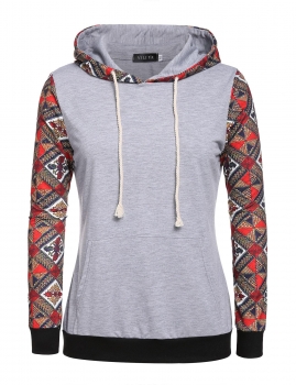 

Long Sleeve Print Patchwork Hooded Pullover Hoodie, Multicolor