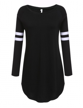 

Black Irregular Hem Stripes Long Sleeve O-Neck Baseball Tunic, Multicolor