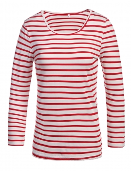 

Red O-Neck Long Sleeve Stripes Patchwork High Low Hem Tops, Multicolor