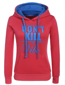 

Water melon Red Long Sleeve Hooded Patchwork Casual Pullover Hoodie, Multicolor