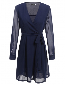 

Casual Women Long Sleeve V Neck Side Zipper Solid Chiffon Wrap A Line Dress with Belt, Multicolor