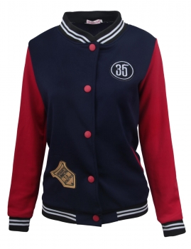 

Stand Collar Long Sleeve Contrast Color Badge Buttton Jacket, Multicolor