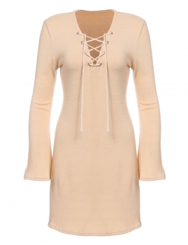 

Khaki Sexy Women Lace up Bell Sleeve Sweater Line Casual Dresses, Multicolor