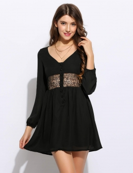 

Black Women Casual Long Sleeve Patchwork Neck Chiffon Mini Going Out Dresses, Multicolor