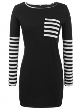 

Black Women Long Sleeve O Neck Strip Pocket Front Patchwork T-Shirt Straight Dress, Multicolor
