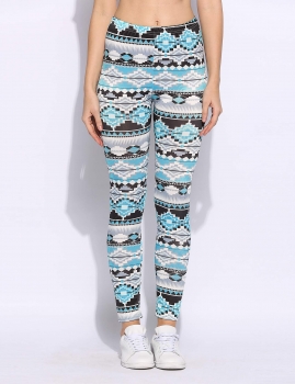 

Light Blue High Waist Geometric Print High Stretch Pencil Pants Leggings, Multicolor