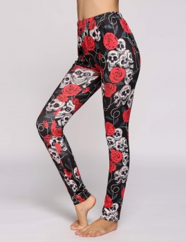 

Skull Rose Printed Slim Stretch Elastic Waist Leggings, Multicolor