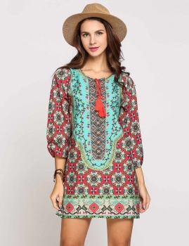 

3"4 Sleeve Round Collar Ethnic Styles Fringe Print Shift Casual Dress, Multicolor