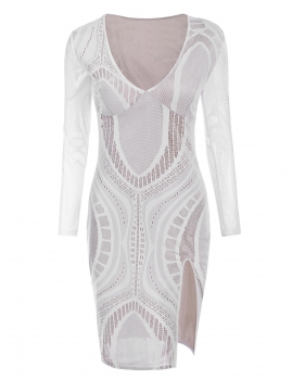

Women Sexy Long Sleeve V Neck Split Hem Hollow Out Lace Bodycon Dress, Multicolor