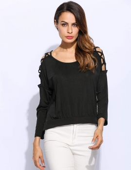 

Back Chiffon Patchwork High Low Hem Lace Up Long Sleeve Cold Shoulder Pullover T-Shirt, Multicolor