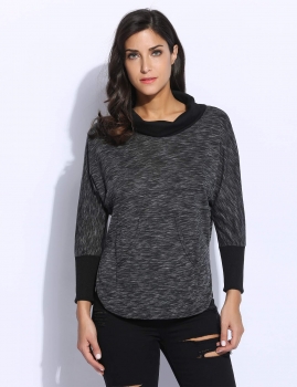 

Turtleneck Patchwork Long Bat Sleeve Loose Pullover T-Shirt, Multicolor