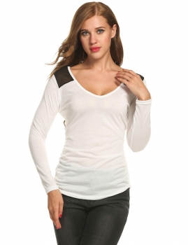 

White Shoulder Patchwork Solid Slim Long Sleeve O-Neck Casual Tops, Multicolor