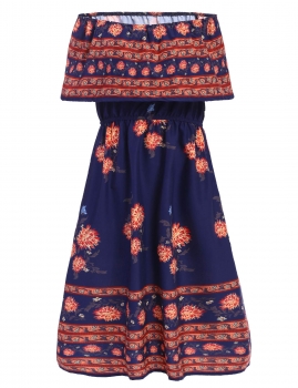 

Fashion Women Short Sleeve Slash Neck Ruffles Off Shoulder Retro Floral Print A-Line Dress, Multicolor