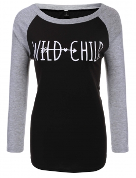 

Black Wild Child Letter Printed Patchwork Long Sleeve, Multicolor