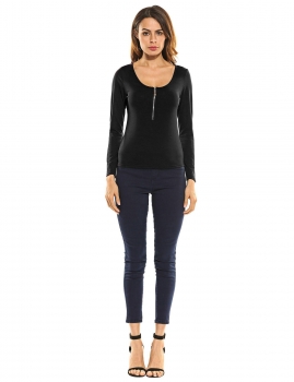 

Black O-Neck Long Sleeve Solid Front Zipper Tops, Multicolor