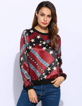 

O-Neck Long Sleeve Geometric Star Print Pullover T-Shirt, Multicolor