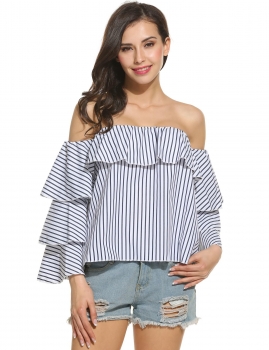 

Blue and White Pleated Slash Neck Long Sleeve Off the Shoulder Tops, Multicolor