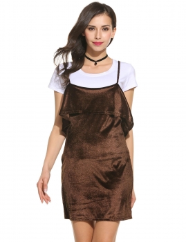 

Coffee Square Collar Ruffles Lint Solid Spaghetti Strap Casual Dress, Multicolor