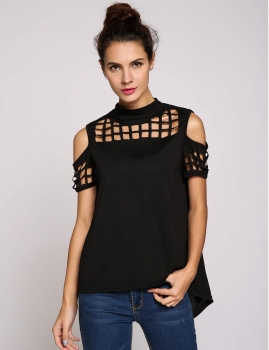 

Black Women Casual Short Sleeve O Neck Solid Cold Shoulder Split Back Loose Pullover Sexy T-Shirt, Multicolor