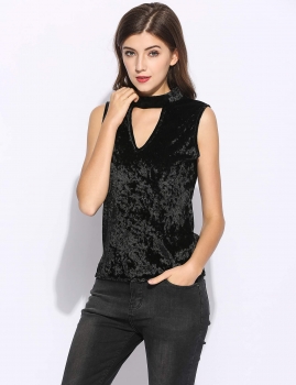 

Black Sexy Women Sleeveless O Neck Front Key Hole Solid Velvet Pullover Tank Тоp, Multicolor