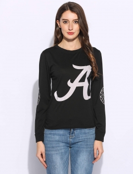 

Black Casual Women O-Neck Long Sleeve Letter Printed Pullover Tops, Multicolor